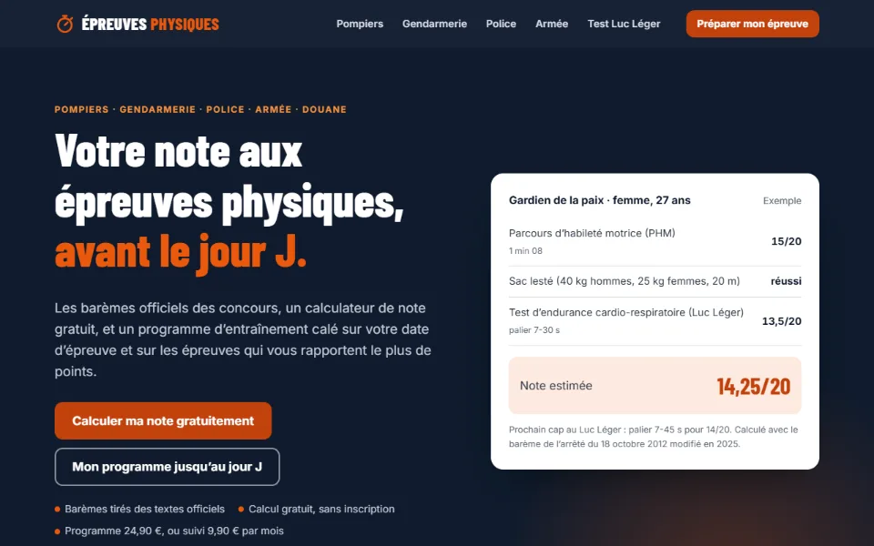 Capture d'écran du site Épreuves physiques